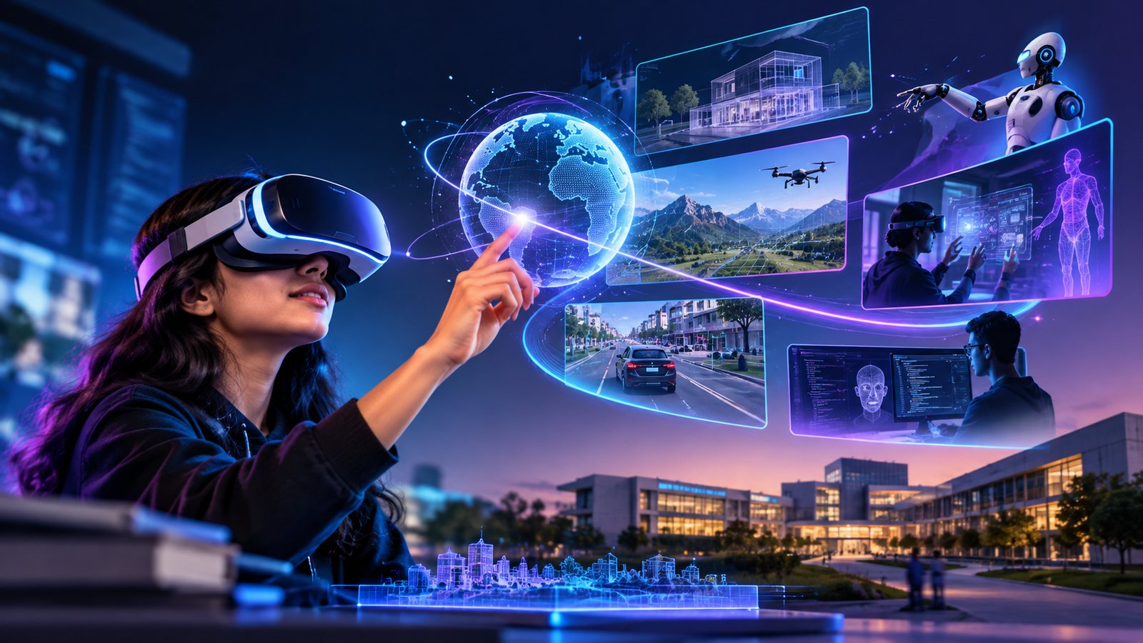 A learner wearing a VR headset reaches toward a holographic globe, with a campus in the background.